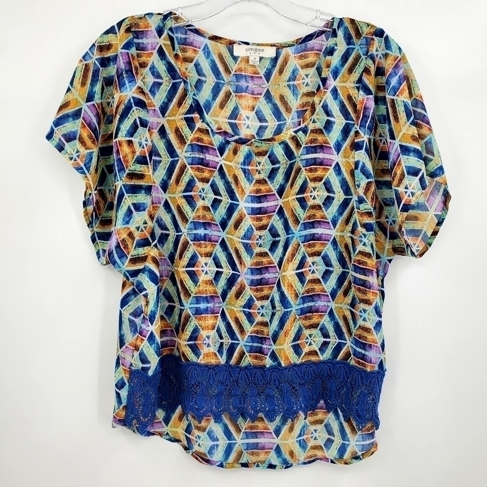 Umgee Cotton Blend Multicolor Printed Crotchet Bottom Sheer Top